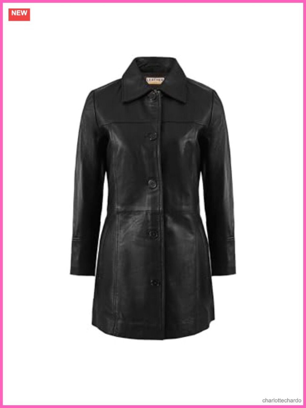 Lambskin Leather Car Coat Button Front Spread Collar 3/4 Length